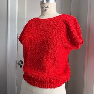 Vintage Red Bouclé Knit Short Sleeve Sweater Top